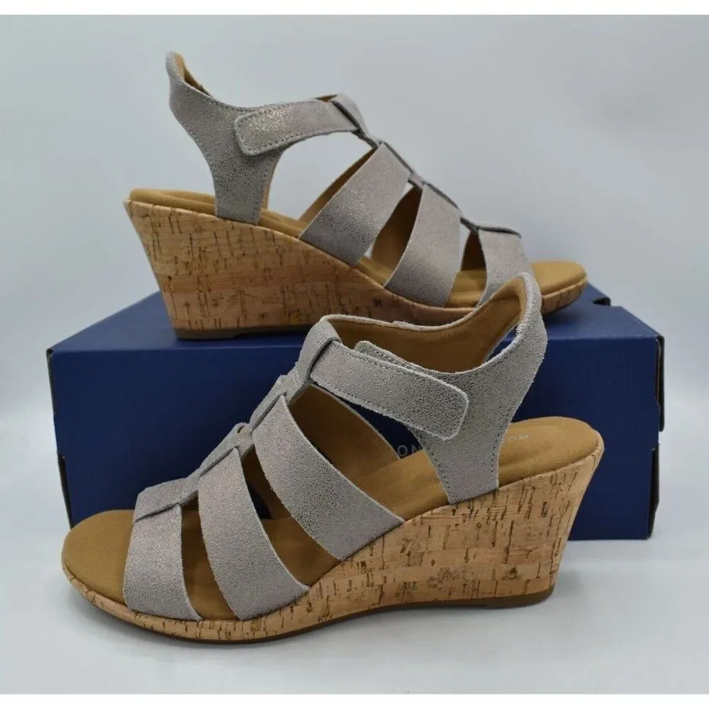Rockport Women Size 11 Briah New Gladiator Metallic Leather Wedge Sandals Shoes‎